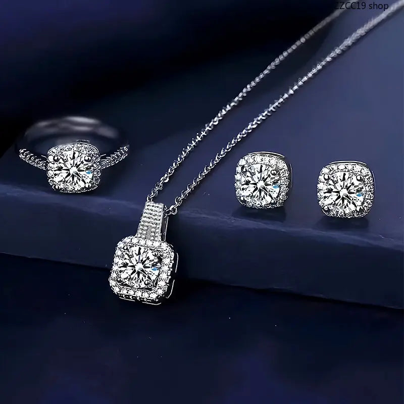 3Pcs Bridal Halo Jewelry Set, CZ Crystal Necklace Earrings Ring Bundle