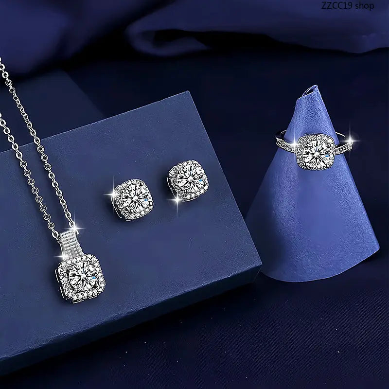 3Pcs Bridal Halo Jewelry Set, CZ Crystal Necklace Earrings Ring Bundle