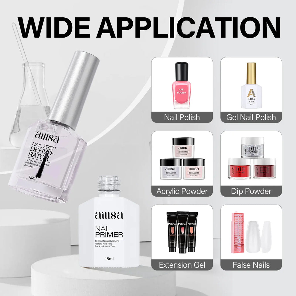 AILLSA Nail Dehydrator and Bond Primer Set, 2 Pcs 15Ml Acid-Free Natural Nail Prep Tool Kit Quick-Dry & Safe for Nails, for UV Gel, Acrylic, Gel Nail Polish & Press-On Nails
