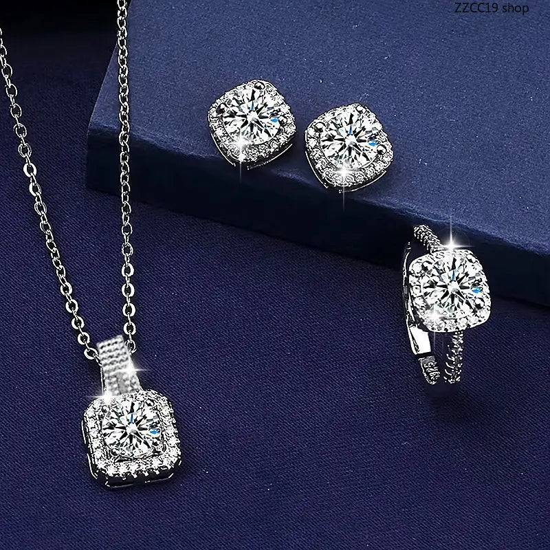 3Pcs Bridal Halo Jewelry Set, CZ Crystal Necklace Earrings Ring Bundle