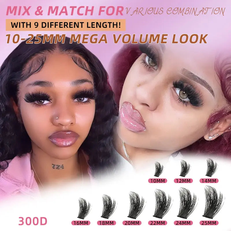 10-25Mm Lash Clusters Ultra-Fluffy 300D High-Density Soft D-Curl Mega Volume for Beginners Easy Application Lightweight Plant Fiber